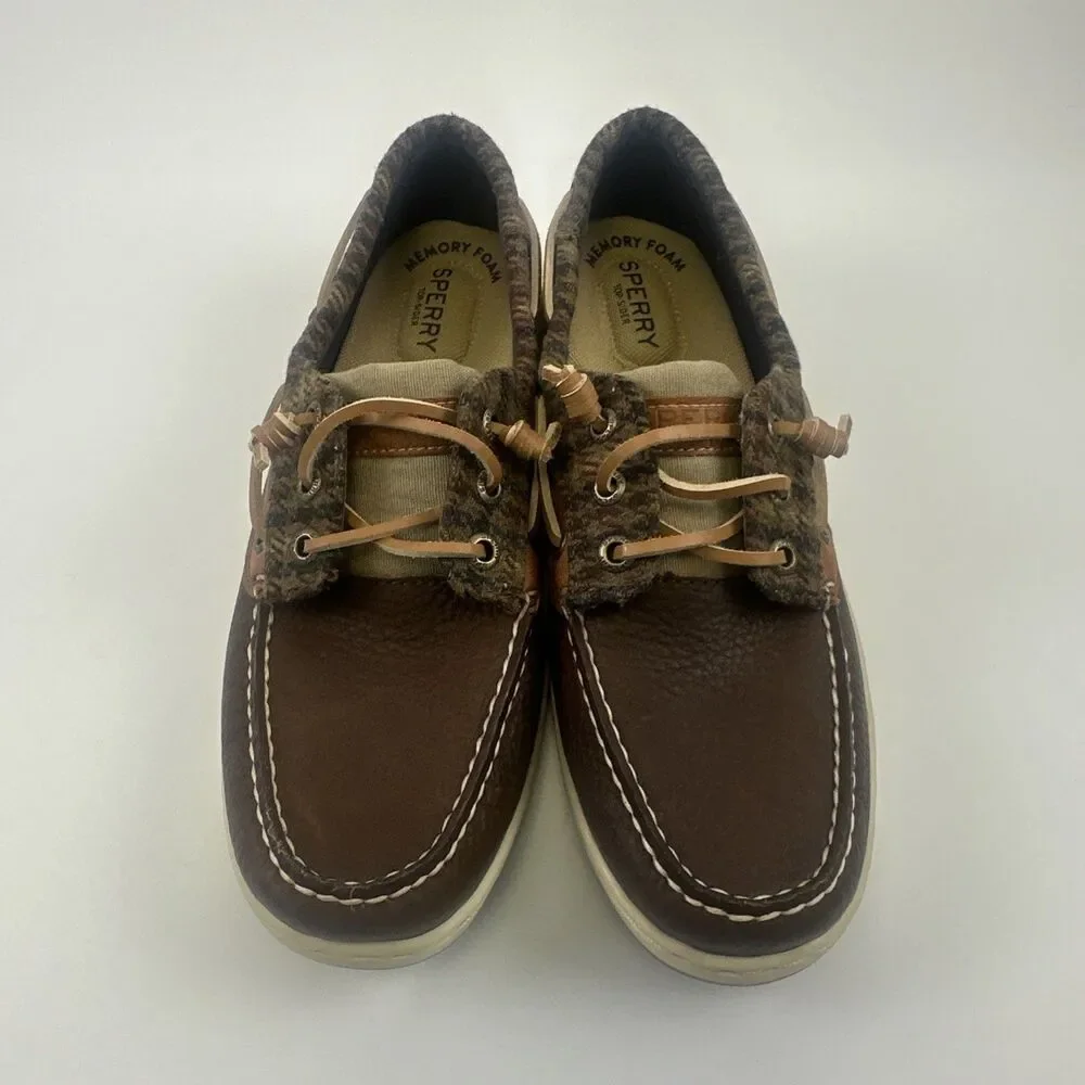 Sperry Boat Shoe Flat Loafer Brown Pebbled Leather Plaid Memory Foam Womens 8.5